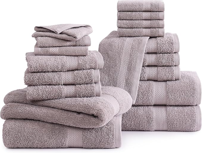 LANE LINEN Ring Spun Cotton Bath Towel Set, 18PCs - 4 Shower Towels, 8 Washcloths, 6 Hand Towels for Bathroom - Machine Washable & Sustainably Produced, Ultra Soft - Platinum