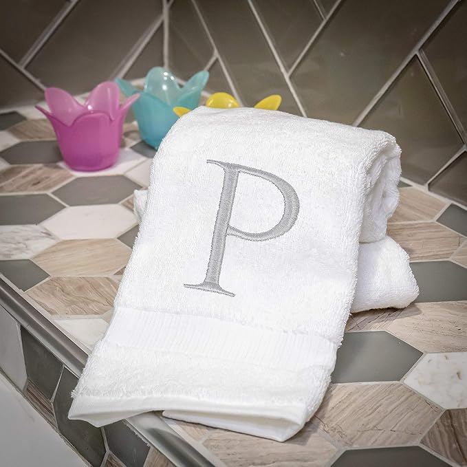 Monogrammed Hand Towels for Bathroom - Luxury Hotel Quality Personalized Initial Decorative Embroidered Bath Towel for Powder Room, Spa - GOTS Organic Certified - Set of 2 Letter P
