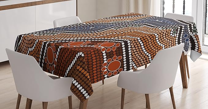 Ambesonne Art Tablecloth, Aboriginal Culture Inspired Abstract Nature Scene Native Australian Illustration, Rectangular Table Cover for Dining Room Kitchen Decor, 60" X 90", Orange Brown