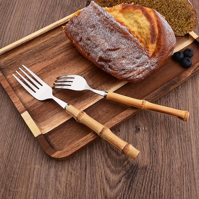 30PCS Silverware Set for 6, Bamboo Handle Flatware Set, Stainless Steel Cutlery Set for Home Restaurant and Party, Bamboo Forks Spoons and Knives Set, Polished Tableware