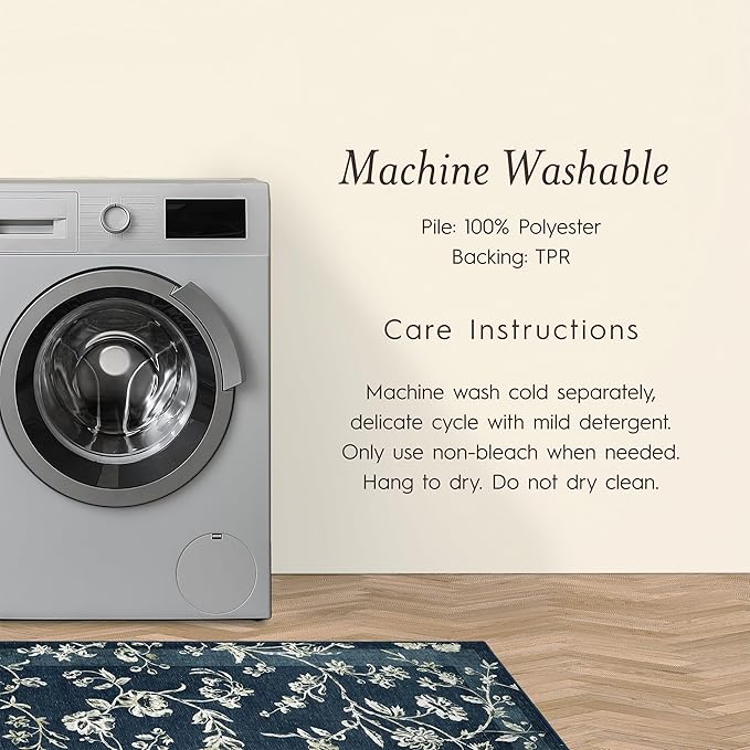 Laura Ashley Dark Navy Aria Floral Border Machine Washable & Slip Resistant 26" x 96" Runner Rug