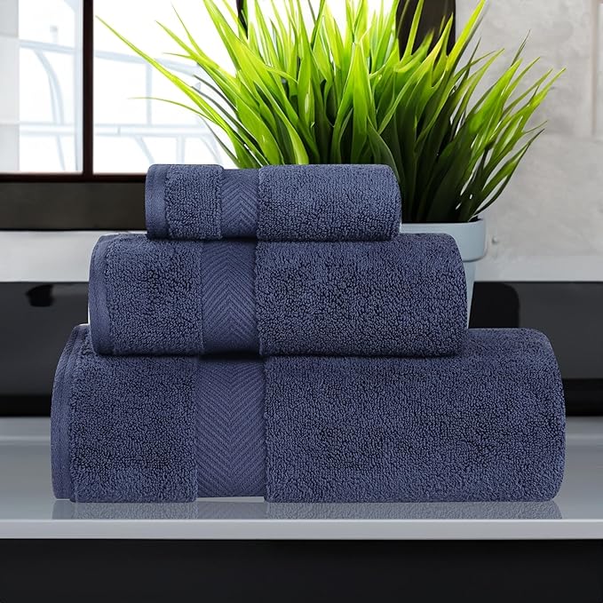 Superior Zero Twist 100% Cotton Towel Set, 3-Piece Set, Extra Soft Bath Towel, Face Towel and Hand Towel, Long-Staple Cotton Towels, Midnight Blue