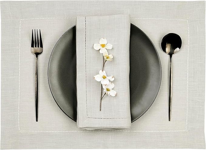 D'Moksha Homes Silver Grey Linen Cloth Placemats Set of 4-100% Pure Linen Hemstitch Placemats 14 x 19 Inch - Classic Hemstitch Table Place Mats for Winter - Handcrafted and Machine Washable