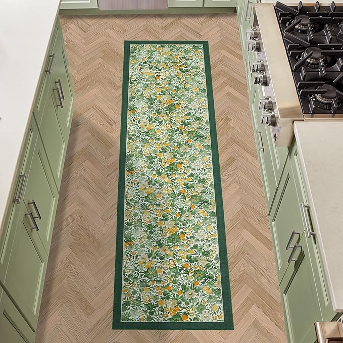 Laura Ashley Green Lovestone Floral Machine Washable & Slip Resistant 26" x 72" Runner Rug