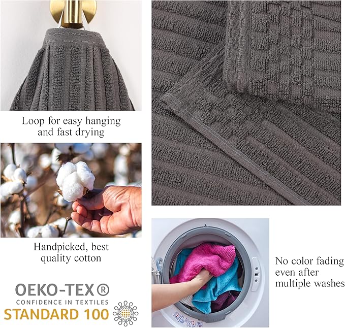 Cotton 6-Piece Solid and Ribbed Towel Set, Face Towels 13” x 13”, Hand Towels 16” x 28”, Bath Towels 27” x 54”, Charcoal by Superior