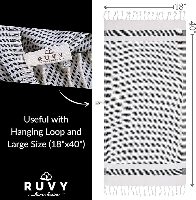 Ruvy Home Basics Turkish Hand Towels for Bathroom Set of 2 | 18"x40", Cotton | Decorative Towel for Bathroom, Kitchen, Dishcloth, Tea, Yoga, Face, Gym - Black