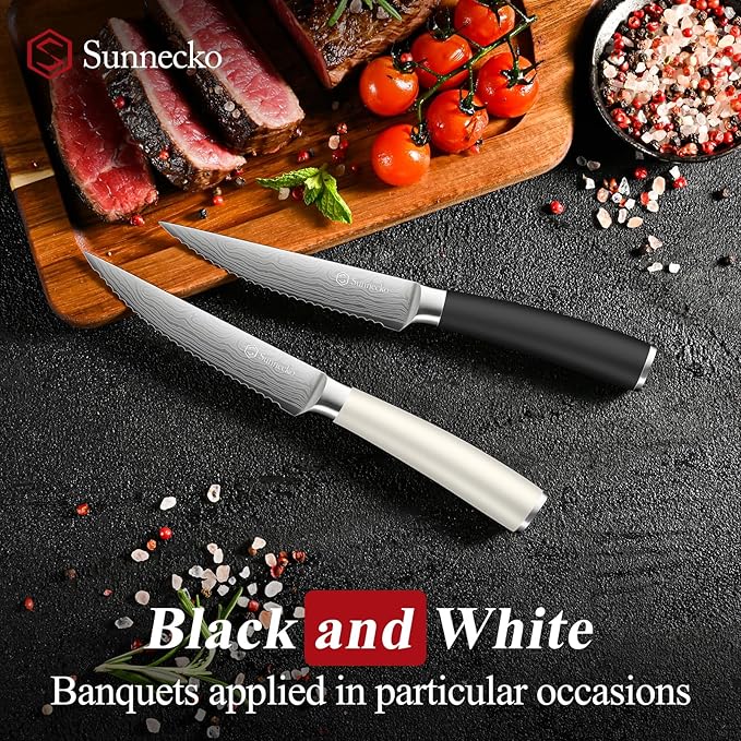 Sunnecko Steak Knives Set of 8,Premium Stainless Steel Serrated Steak Knives Set,Pakkawood Handle 4.5 Inch Kitchen Steak Knife with Gift Box(White/Black Handle)