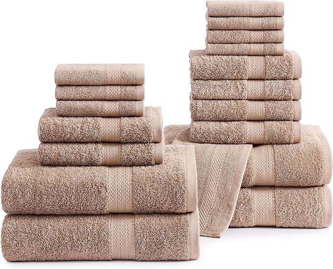 LANE LINEN 100% Cotton Bath Towel Set, 18PCs - 4 Shower Towels, 8 Washcloths, 6 Hand Towels for Bathroom - Sustainably Produced & Oeko-Tex Certified, Pet Friendly & Ultra Absorbent - Taupe