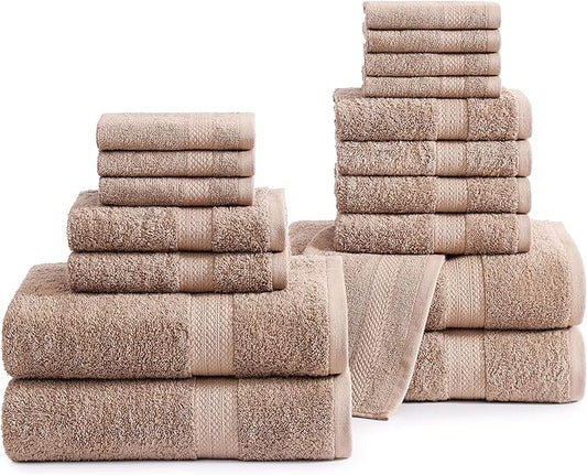 LANE LINEN 100% Cotton Bath Towel Set, 18PCs - 4 Shower Towels, 8 Washcloths, 6 Hand Towels for Bathroom - Sustainably Produced & Oeko-Tex Certified, Pet Friendly & Ultra Absorbent - Taupe