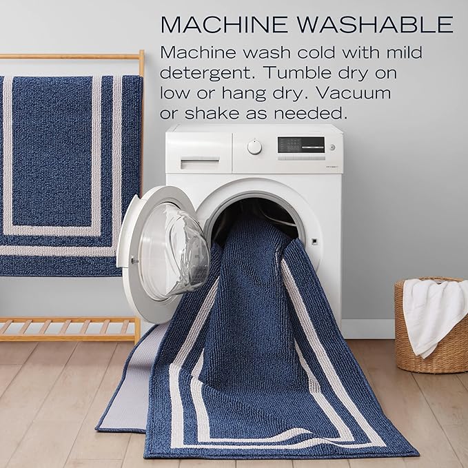 Nautica – Runner Rug 2 Piece Set | Indoor Runners for Hallways and Entry Rugs| Non-Skid Entry and Kitchen Door Mat| Machine Washable Carpet Rugs | 2'2" x 3'9" and 2'2" x 5' | Double Border Denim