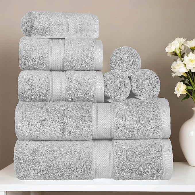 Superior Egyptian Cotton Pile 8 Piece Towel Set, Includes 2 Bath, 2 Hand, 4 Face Towels/Washcloths, Ultra Soft Luxury Towels, Thick Plush Essentials, Guest Bath, Spa, Hotel Bathroom, Silver