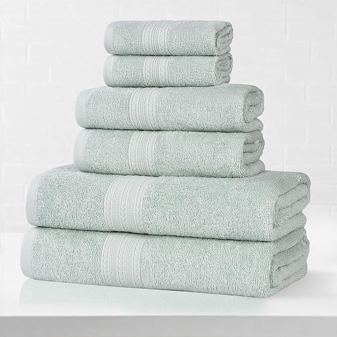 Superior Eco-Friendly Cotton 6-Piece Towel Set, Bathroom, Shower, Spa, Large and Small Assorted Towels for Home, Apartment, Dorm, 2 Bath, 2 Hand, 2 Face/Washcloth, Soft, Highly Absorbent, Aqua Marine