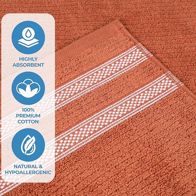 Superior Cotton Bath Towel Set, Zero Twist, Ribbed Geometric, Large Plush Absorbent Body Towels, Luxury Soft Quick Drying, Shower, Spa, Hotel, Pool, Guest Bathroom, Home Essentials, Set of 3, Rust