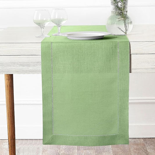 D'Moksha Homes Linen Sage Green Table Runner 108 Inches Long - 100% Pure Linen 14 x 108 Inch Table Runner for Winter, Holiday, New Year - Classic Hemstitch