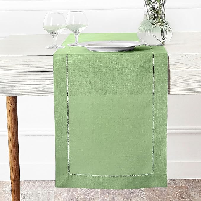 D'Moksha Homes Linen Sage Green Table Runner 90 Inches Long - Classic Hemstitch 100% Pure Linen Dining Table Runner 14 x 90 Inch for Winter, Holiday, New Year
