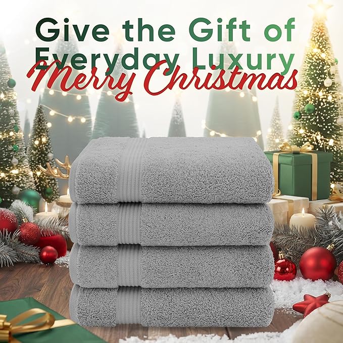 American Veteran Towel, 100% Cotton Turkish Bath Towels for Bathroom 4 Pack, 27x54 Extra Large Premium Soft Drying Bathroom Towels, Light Gray