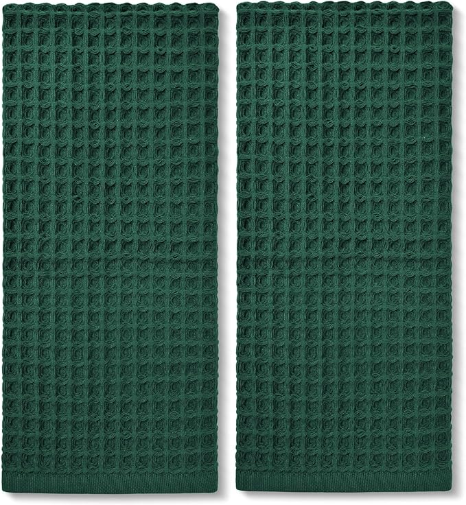 Jacquotha Waffle Hand Towels Set of 2 (Hunter-Green) – Cotton, Quick Dry, Lint Free, 13” x 29”, Christmas Bathroom Decor & Kitchen Towels
