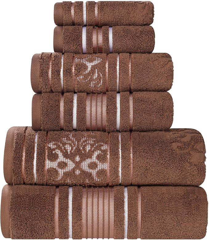 Superior Cotton 6 Piece Assorted Floral Towel Set, Includes 2 Bath, 2 Hand, 2 Washcloth/Face Towels, Quick Dry, Home Essentials, Shower, Spa, Luxury Plush Soft Absorbent Towels, Zero Twist, Chocolate
