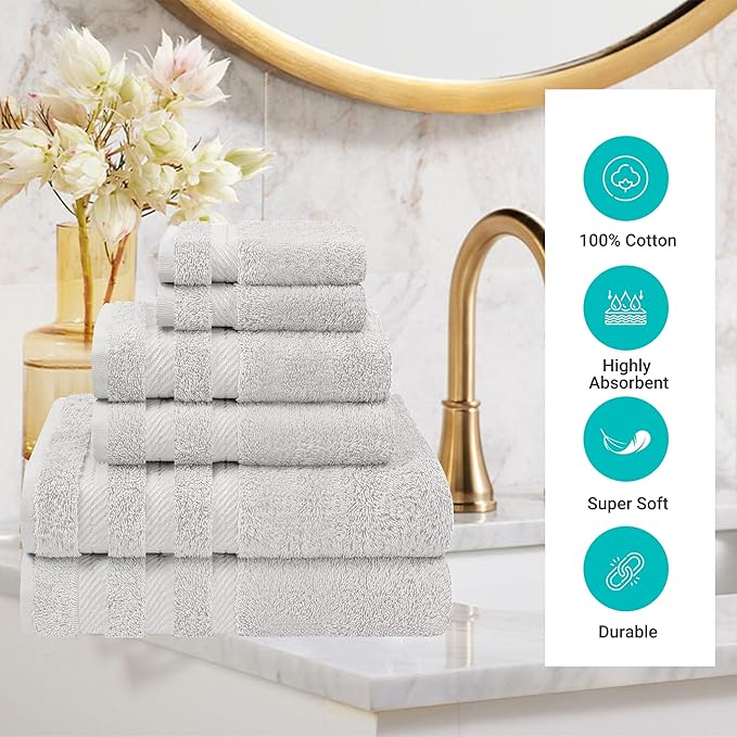 6-Piece 600 GSM Turkish Cotton Towel Set – Luxury Soft & Absorbent Bath Towels, Hand Towels & Washcloths – Premium Bathroom Essentials for Home, Guest Bath & Apartments