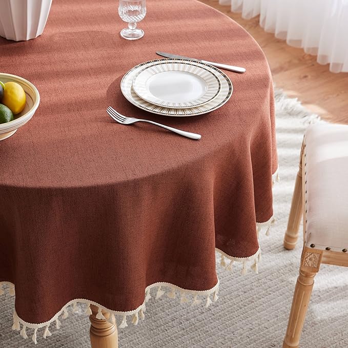 Linen Tablecloth with Tassels, Farmhouse Style Terracota Tablecloth, Water Resistant Burlap Tablecloths for Round Table, 60 Inch Round Terracota