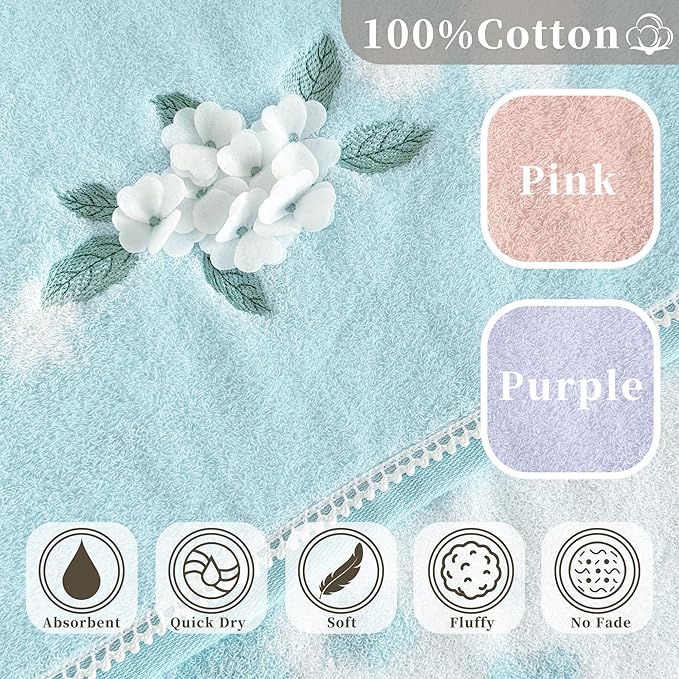 VOOVA & MOVAS Blue Hand Towels Set (3PC, 14"x28") - 100% Cotton | Quick Dry | Soft | Absorbent, Light Weight Hand Towels for Showering & Bathroom, Flower Towel Set for Guest, Blue