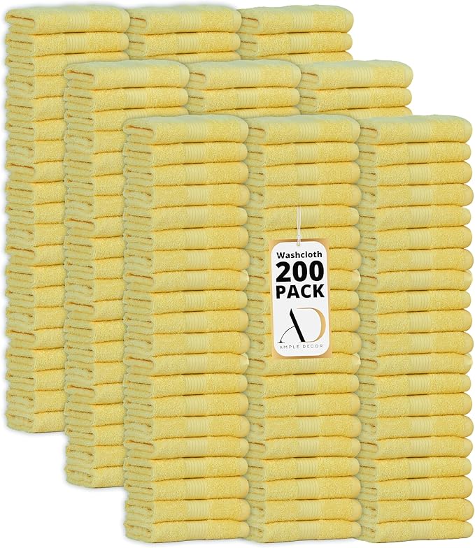 Ample Decor Washcloths Pack of 200 12 X 12 Inch 100% Cotton 600 GSM, Soft Absorbent and Reusable Fingertip Towels, Ideal for Bathroom and Powder Room - Yellow