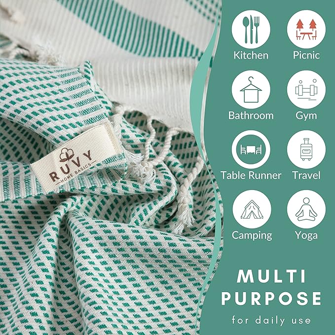 Ruvy Home Basics Turkish Hand Towels for Bathroom Set of 2 | 18"x40", Cotton | Decorative Towel for Bathroom, Kitchen, Dishcloth, Tea, Yoga, Face, Gym - Green