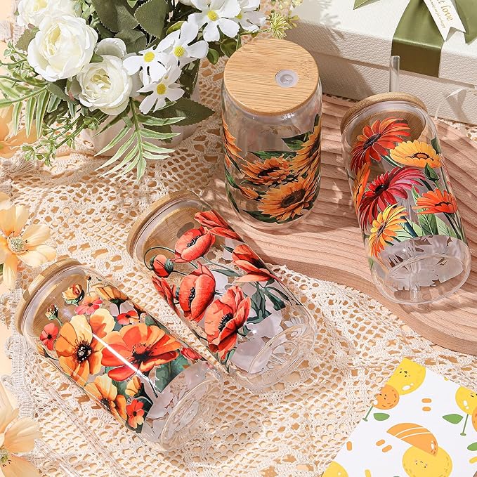 Mumufy 4 Pcs Oil Flower Themed Gifts for Women Cute Glass Cup Tumbler Flower Iced Coffee Mugs 16 oz Glass with Bamboo Lid & Straw, Christmas Mothers Day Birthday Gift for Mom Sister Bridesmaid