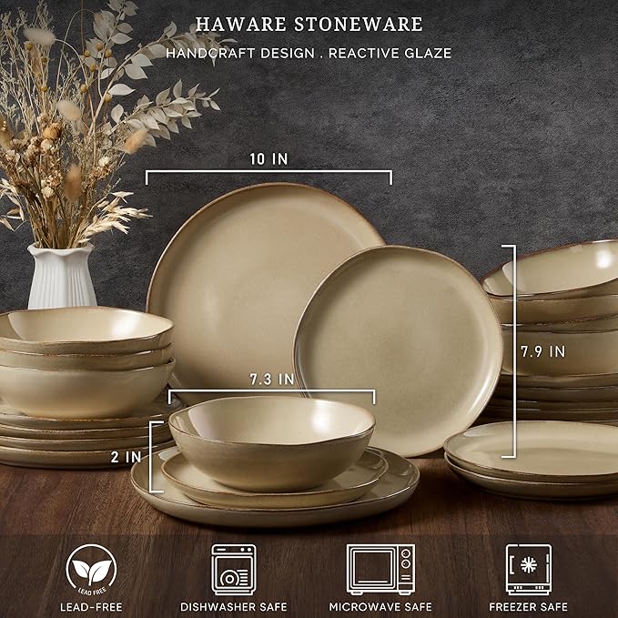 HaWare Dinnerware Sets, 24-Piece Stoneware Plates and Bowls Set, Dish Set for 8, Ceramic Dishware for Home Restaurant, Chip and Scratch Resistant, Microwave and Dishwasher Safe, Reactive Sandy Khaki