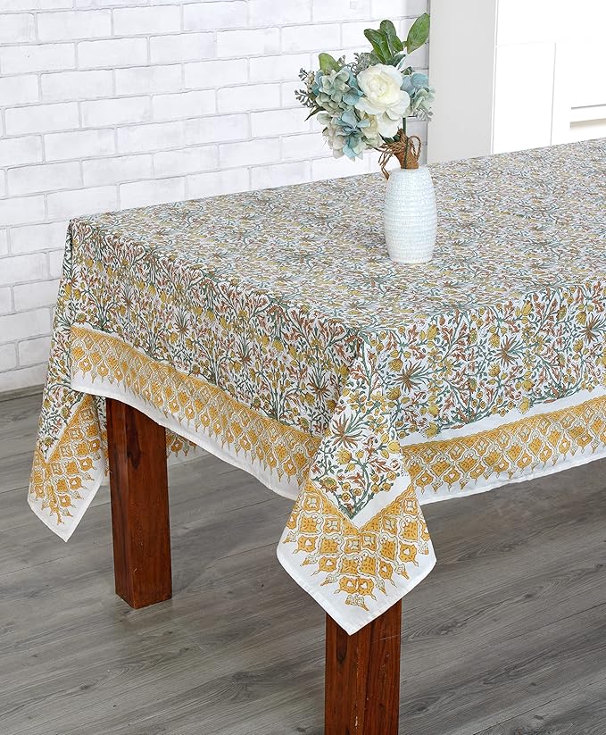 Ridhi Goldenrod Yellow Hand Block Print Cotton Rectangle Tablecloth 160" x 72" inches Reusable Table Cover Decorative Everyday Use for Dining, Farmhouse, Home, Party, Festive, Wedding, Fall