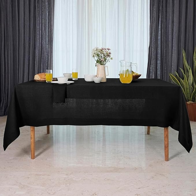 D'Moksha Homes Black Linen Tablecloth 60 x 156 Inch - 100% Pure Linen Tablecloth for Rectangle Tables - Machine Washable Table Cloth for Winter, Christmas, Holiday, New Year