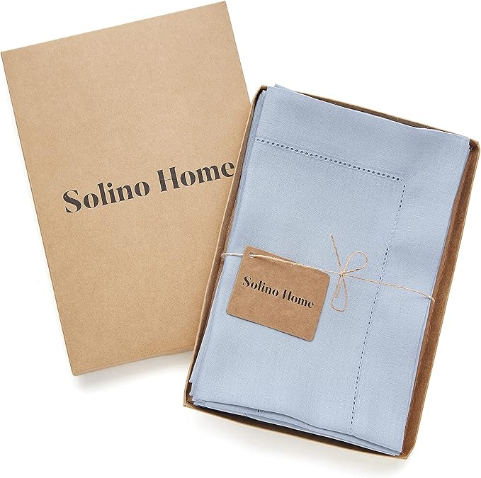 Solino Home Sky Blue Linen Napkins Set of 4-100% Pure Linen Hemstitch Dinner Napkins 20 x 20 Inch for Holiday, New Year - Classic Hemstitch