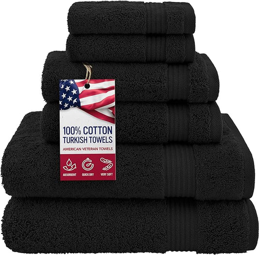 American Veteran Towel, 100% Cotton Turkish 6 Piece Towel Set, Luxury Towels Set of 6 for Bathroom Essentials, 2 Bath Towels 2 Hand Towels 2 Washcloths, Black