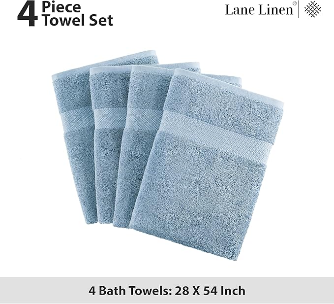 LANE LINEN 100% Ring Spun Cotton 4 Pack Bath Towels (28"x54") - Home Essentials Bathroom Towels Set - Quick Dry, Super Soft & Absorbent Bath Towels - Machine Wash in Cold Water - Cerulean Blue