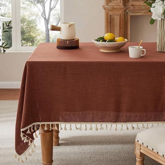 Linen Tablecloth with Tassels, Farmhouse Style Terracota Tablecloth, Water Resistant Burlap Tablecloths for Rectangle Table, 60x104 Inch Terracota