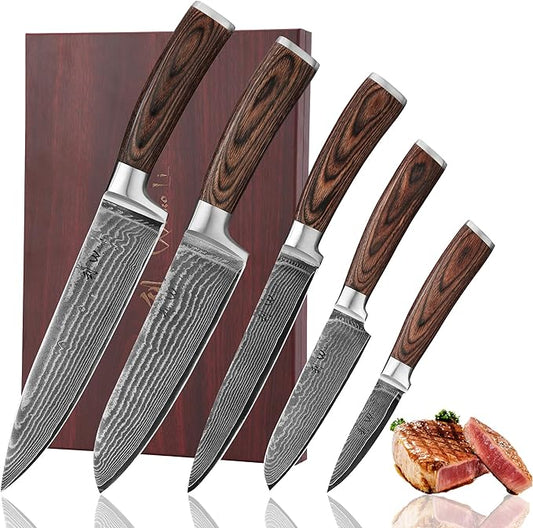 Wakoli EDIB 5-Piece Damascus Knife Set – Professional Chef Knives Set with VG10 Core Blades, 67-Layer Damascus Steel and Ergonomic Pakkawood Handles – Premium Kitchen Knives in Wooden Gift Box