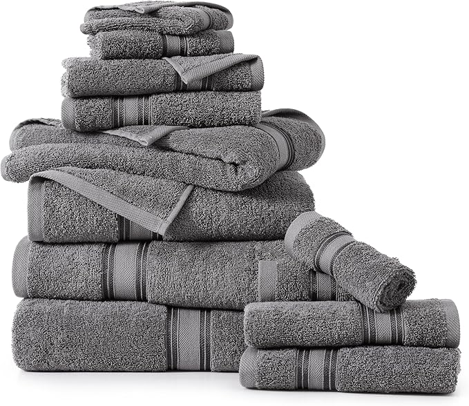 LANE LINEN Towel Set of 12 – 100% Mercerized Cotton, Zero Twist, 4 Large Bath Towel, 4 Hand Towels & 4 Wash Cloths, Quick Dry & Long-Lasting, Perfect for Family Bathrooms, Easy Care – Cool Grey