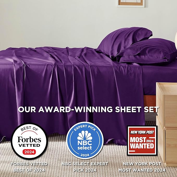 Bedsure California King Sheet Sets, Cooling Sheets for Hot Sleepers, Rayon Derived from Bamboo, Breathable & Soft, Deep Pocket Up to 16 Inches, Hotel Luxury Silky Bedding, Plum