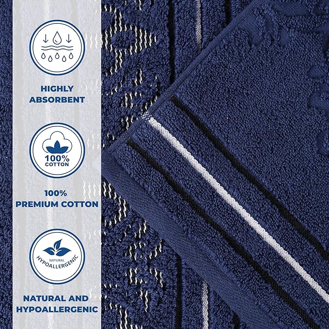 Superior Cotton Hand Towel Set, Small Towels, Plush Soft Absorbent Bathroom Basics, Home Essentials, Spa, Salon, Hotel, Kitchen, Luxury Quick Drying, Zero Twist Assorted Floral Set of 6, Navy Blue