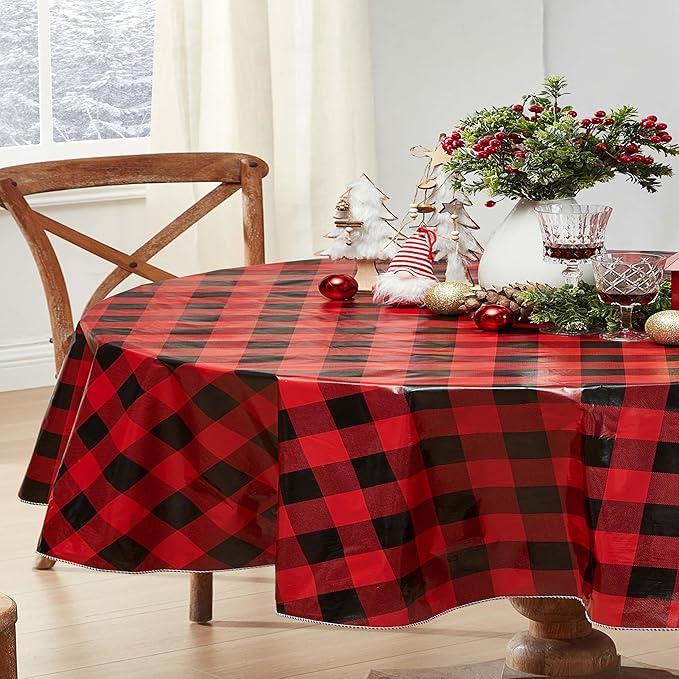 Newbridge Holiday Buffalo Plaid Vinyl Christmas Tablecloth with Flannel Backing, Red & Black Rustic Cottage Check, Wipe Clean, 60 x 84 Inch Oval