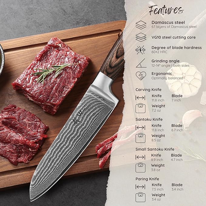 Wakoli EDIB 4-Piece Damascus Knife Set – Professional Chef Knives Set with VG10 Core Blades, 67-Layer Damascus Steel and Ergonomic Pakkawood Handles – Premium Kitchen Knives in Elegant Gift Box