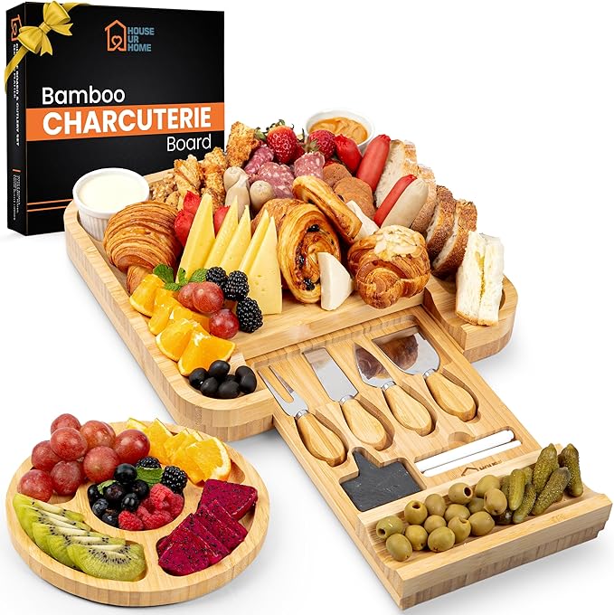 Large Bamboo Charcuterie Board Gift Set with Hidden Drawer, Fruit Tray, Knives & Bowls for Hosting & Holiday Entertaining