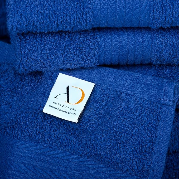 Ample Decor Bathroom Towel Set of 18-4 Hand Towel, 4 Bath Towel, 10 Wash Cloths - Oeko Tex Certified 600 GSM 100% Cotton - High Absorbency Quick Drying, Ideal for Gifting - Navy Blue