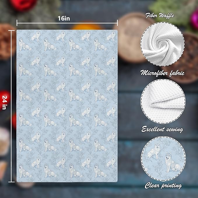 Siberian Husky Dog Gifts for Light Blue Chinoiserie Floral Decor Kitchen Towels，Blue and White Husky Dog Grandmillennial Decorative Dish Tea Towels for Kitchen Bathroom,16x24 Inch