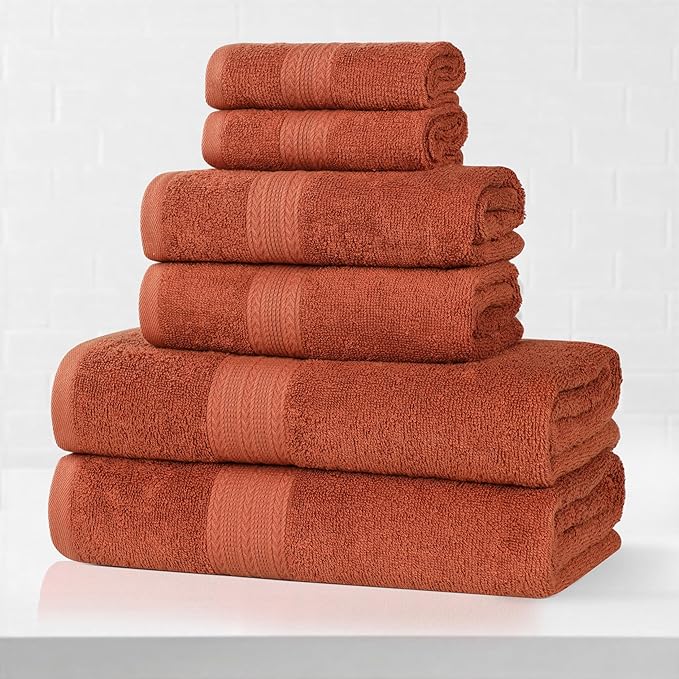 Superior Eco-Friendly Cotton 6-Piece Towel Set, Bathroom, Shower, Spa, Large and Small Assorted Towels for Home, Apartment, Dorm, 2 Bath, 2 Hand, 2 Face/Washcloth, Soft, Highly Absorbent, Copper