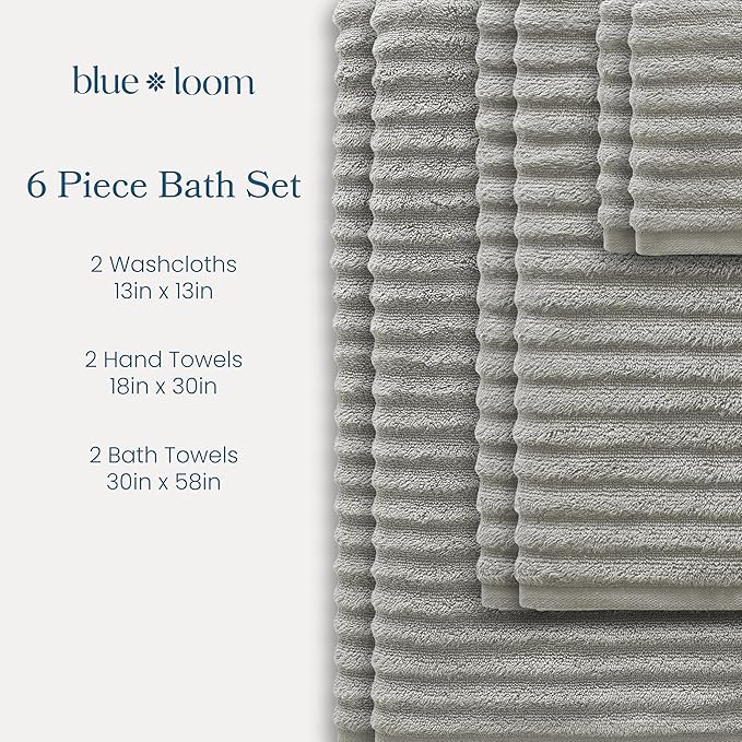 Blue Loom Ribbed Bath Towels Set, 100% Cotton 600GSM, Soft Absorbent Durable 2 Bath Towels, 2 Hand Towels, 2 Wash Cloths for Bathroom - Mason (58" x 30" inch Towels) (Stone, 6 Piece)