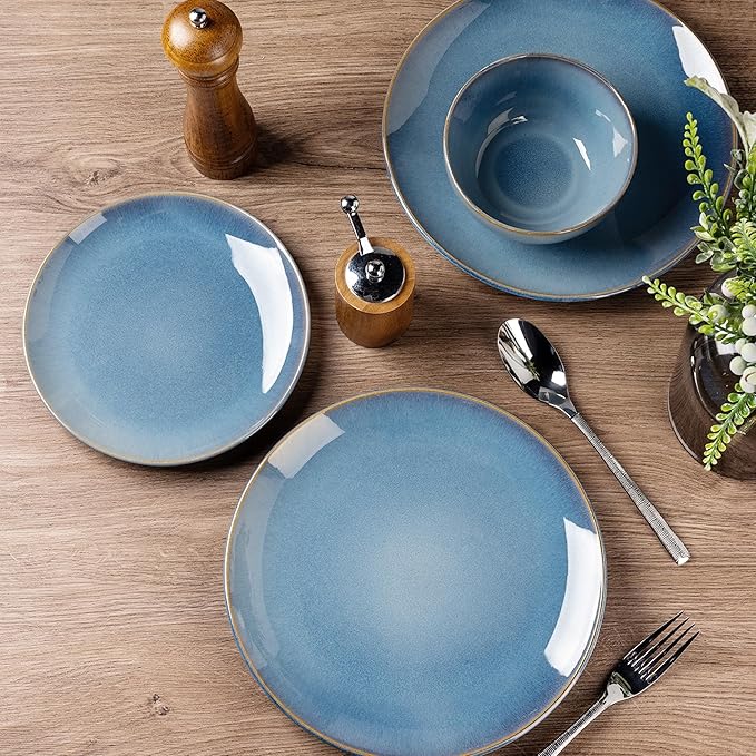 GBHOME Ceramic Dinnerware Sets for 6, 18 Pieces Stoneware Plates and Bowls Sets, Reactive Glaze Dishes -Scratch Resistant, Dishwasher&Microwave Safe-Alaskan Blue