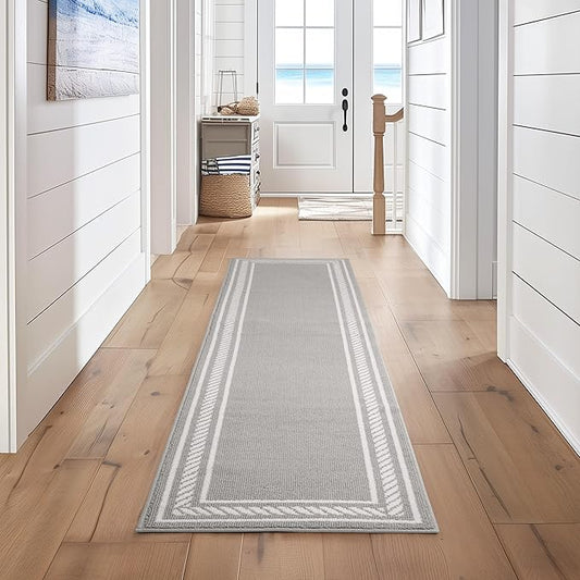 Nautica – Runner Rug | Indoor Runners for Hallways and Entry Rugs| Non-Slip and Non-Skid Entry and Kitchen Door Mat| Machine Washable Entryway Carpet Rugs | 2'2" x 8'| Rope Border Light Grey