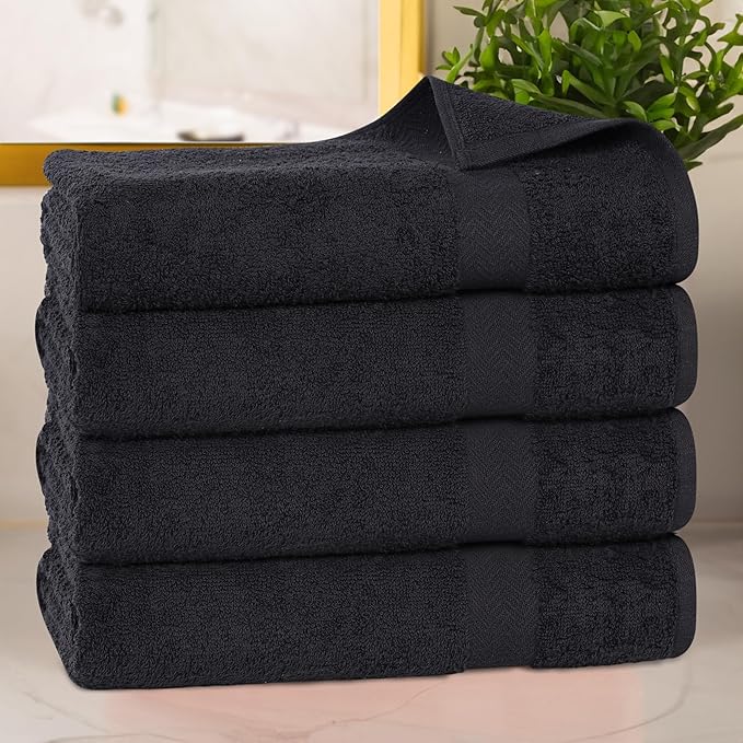Superior 4-Piece Cotton Bath Towel Set, Towels for Adults, Kids, Fast Drying Body Towels, Shower, Bath, Pool, Guest/Master Bathroom Essentials, Dorm, Home, Apartment, Franklin Collection, Black