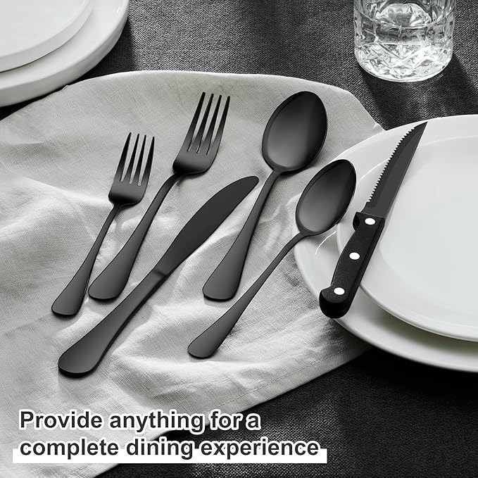 E-far Black Silverware Set with Organizer, 49-Piece Stainless Steel Flatware Cutlery Set for 8 with Tray and Steak Knives, Kitchen Metal Eating Utensils Tableware Sets, Mirror Polished & Rust Proof